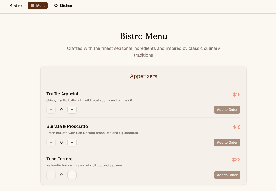 Interactive Digital Ordering Menu for Bistro